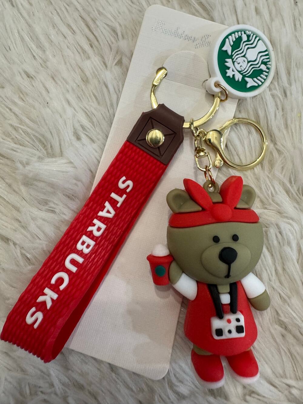 Starbucks red bear keychain with wrist strap gold metal